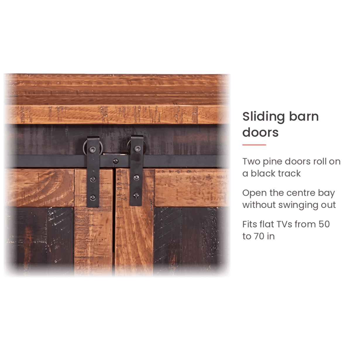 Sliding barn doors card for the barn door TV stand (feature callout)