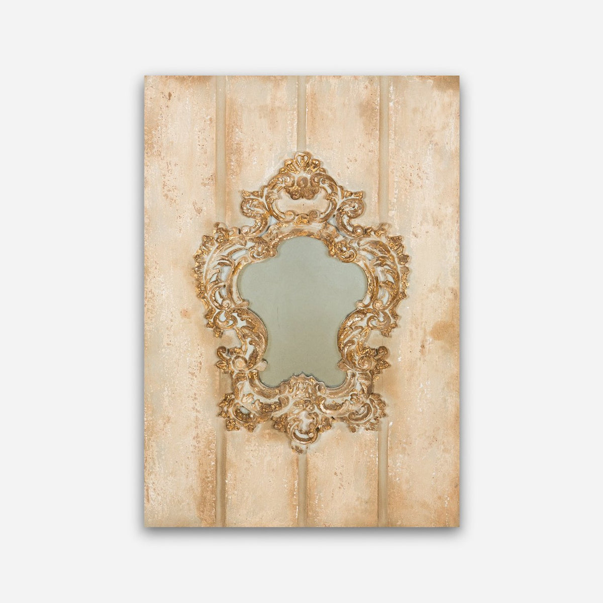 Baroque gilt scroll mirror with an antique-fogged glass set on a cream distressed plank panel, front view