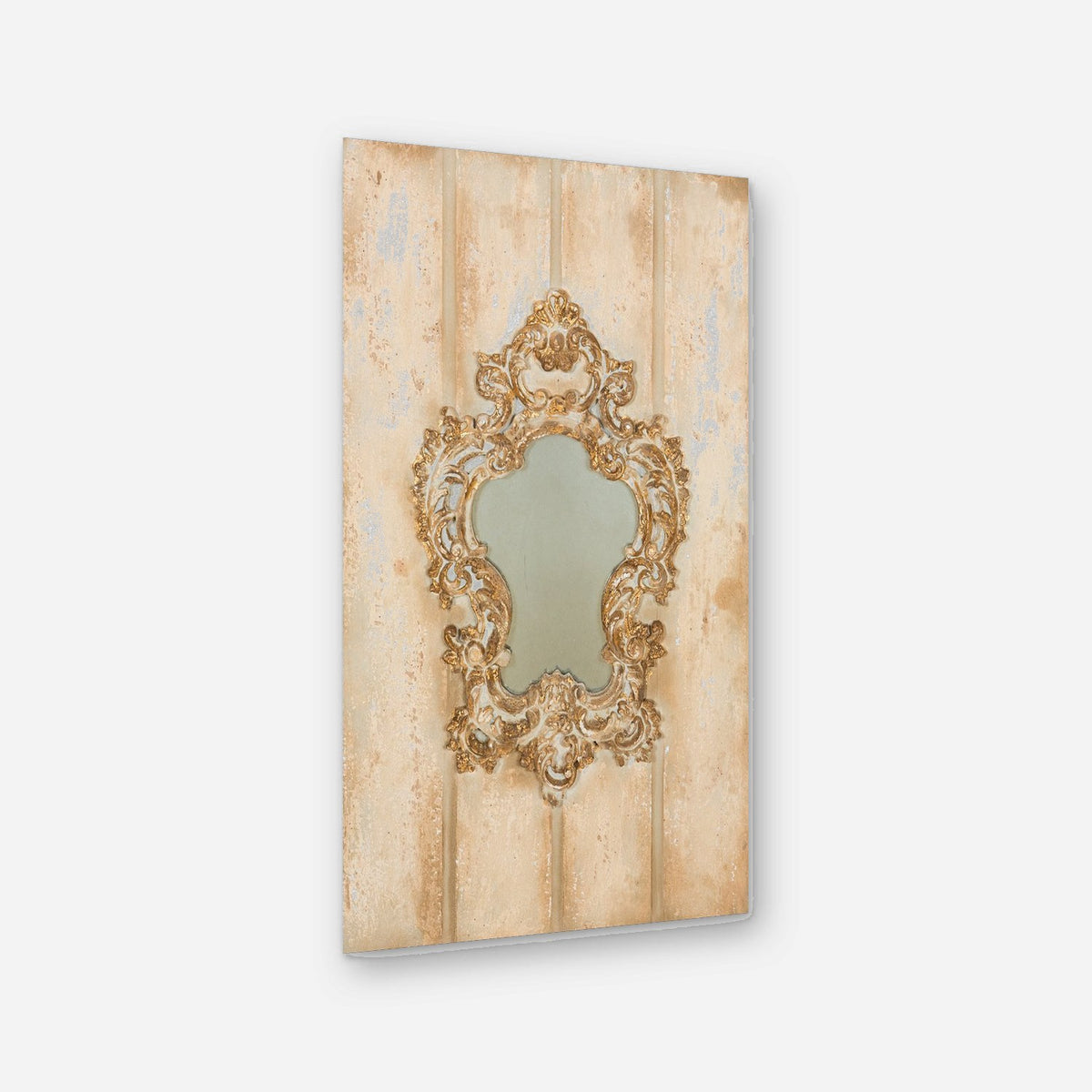 Cream plank panel with a carved gilt scroll mirror, turned to show its depth