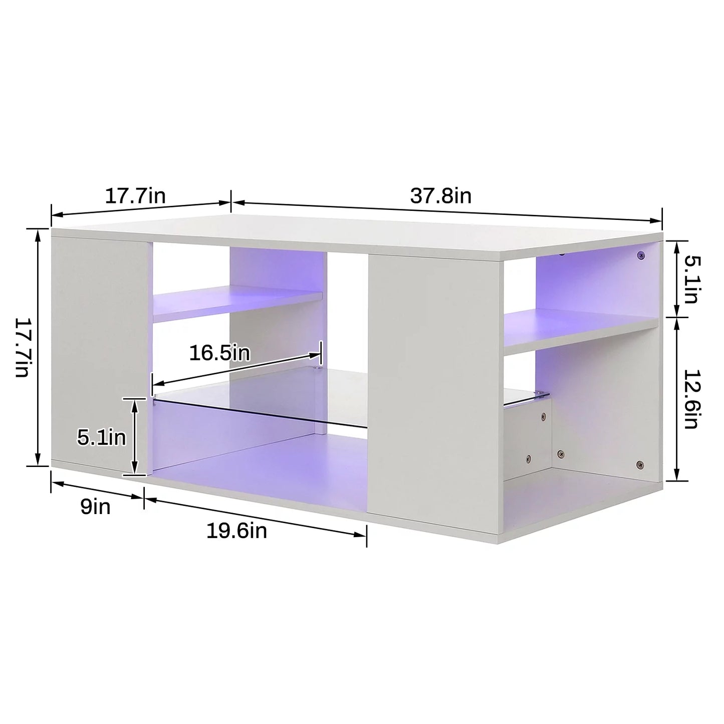 White Coffee Table with LED Lights Living Room Table Glass Open Shelves High Gloss Rectangle Center Table Sofa Side Cocktail Tables