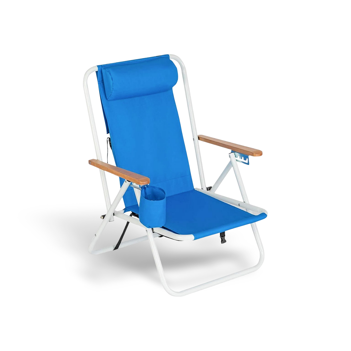 Blue portable high-strength beach chair with adjustable headrest, white frame, wooden armrests, cup holder.