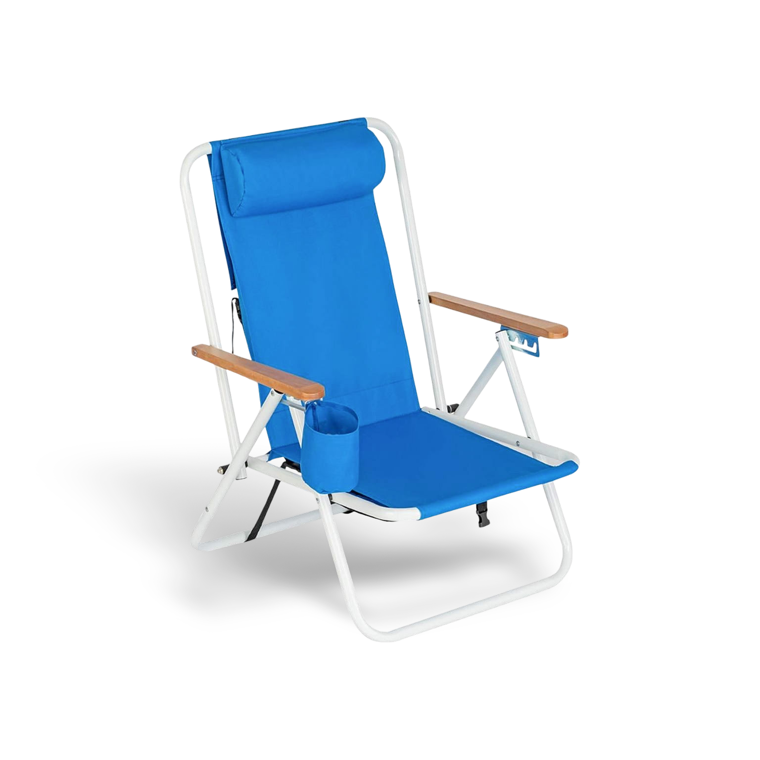 Blue portable high-strength beach chair with adjustable headrest, white frame, wooden armrests, cup holder.