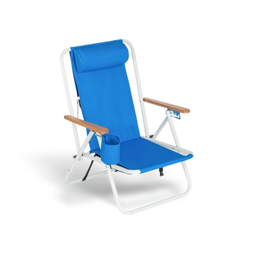 Premium blue portable beach chair with natural wooden armrests, a white rust-resistant frame, and an adjustable headrest pillow for neck support.