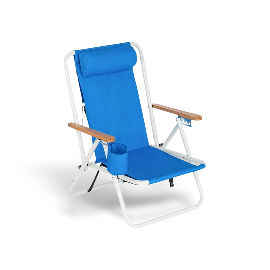 Blue portable high-strength beach chair with adjustable headrest, white frame, wooden armrests, cup holder.
