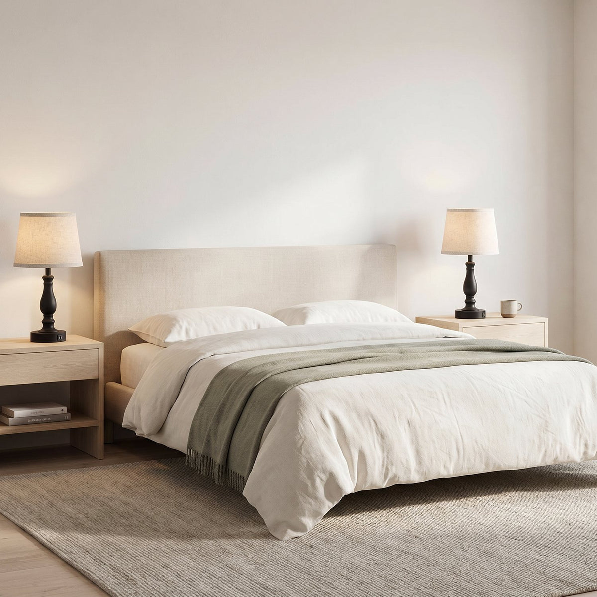 Pair of linen shade lamps on pale oak nightstands either side of a bed in a bright bedroom