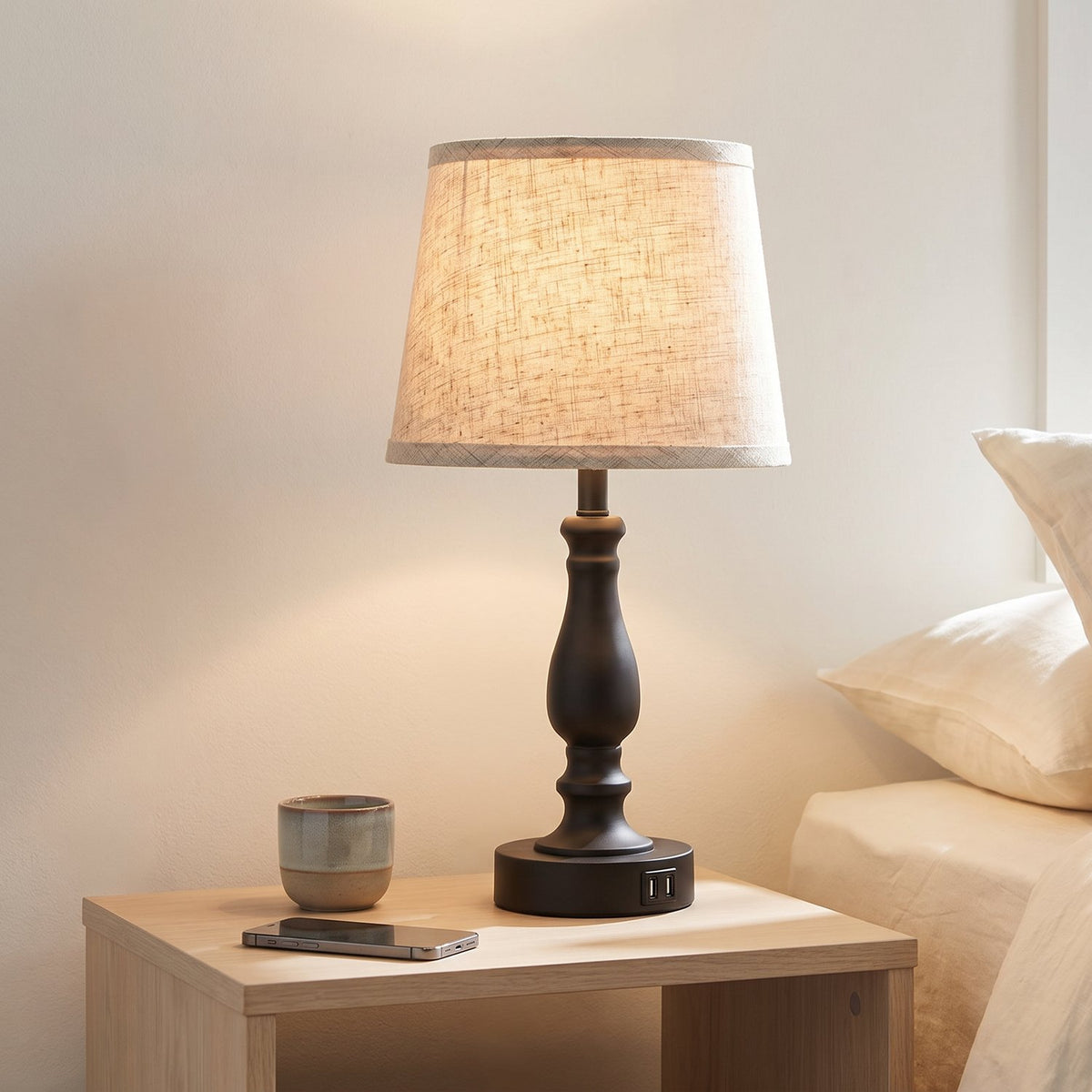 Linen shade lamp lit on an oak nightstand beside a stoneware cup and phone in a morning bedroom