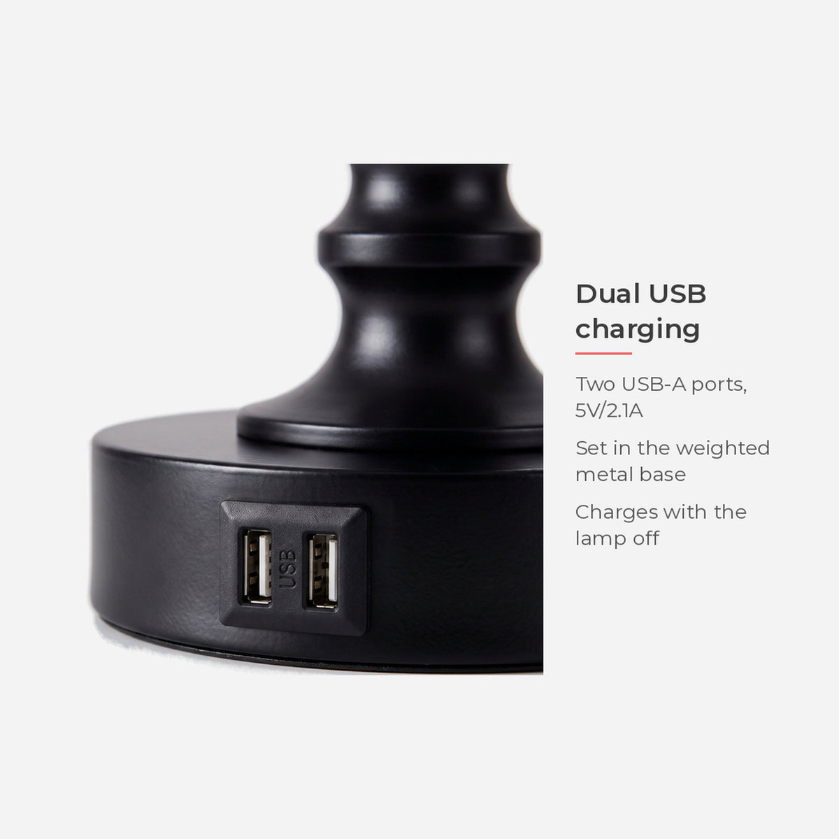 Spec card: two USB-A charging ports in the weighted base (feature callout)