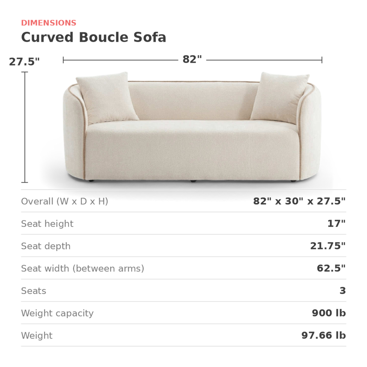 Dimensions card: 82 in. wide, 30 in. deep, 27.5 in. high, seats three (dimensions)