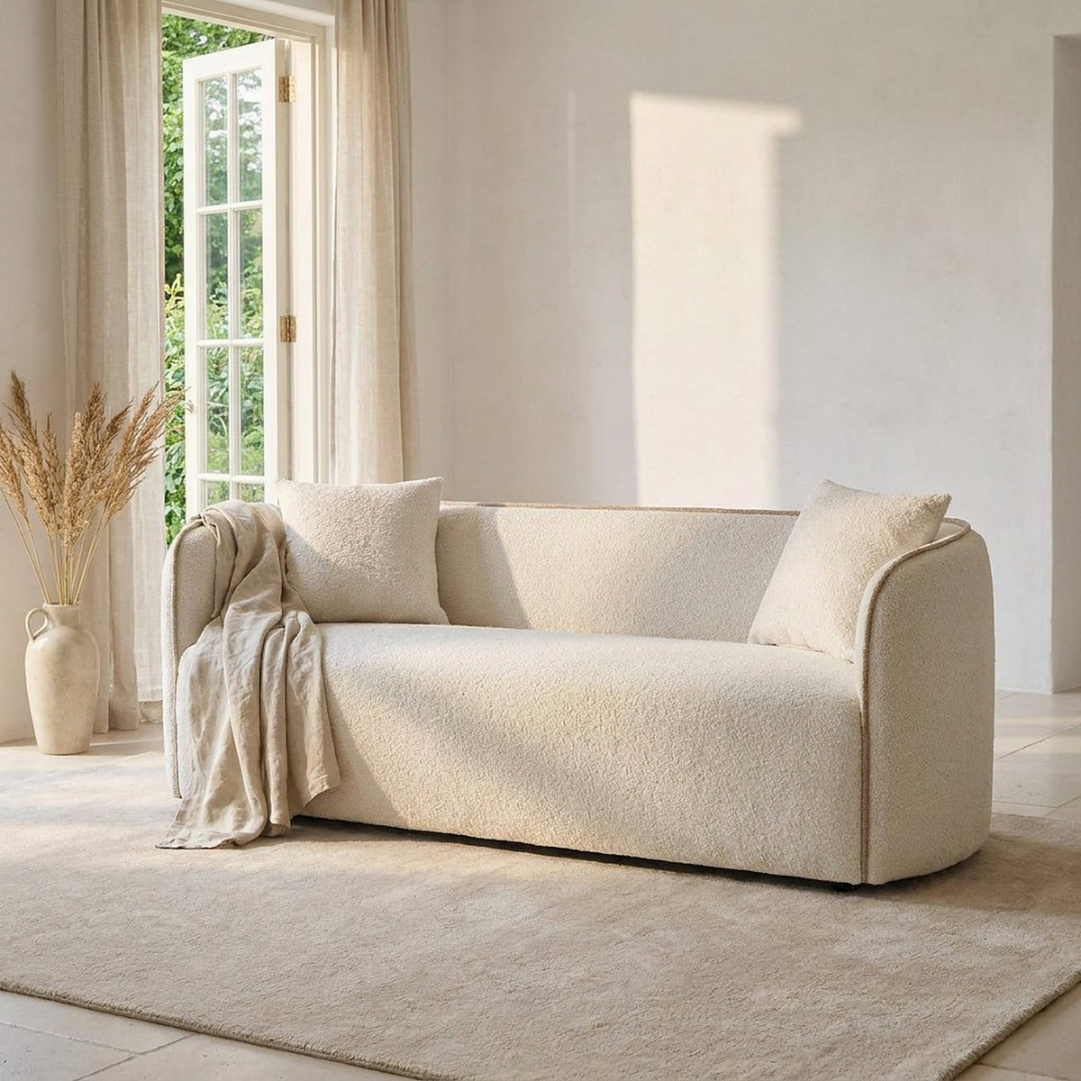 Closer view of the cream three-seat sofa in the same sunroom, linen throw over one arm beside the French doors