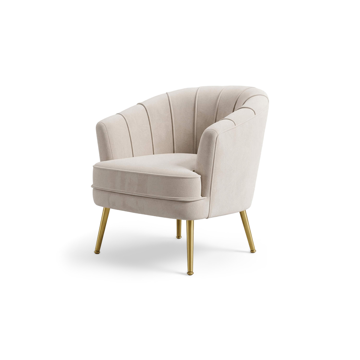 Beige velvet accent chair with channel back and gold metal legs, angled view (plain studio)
