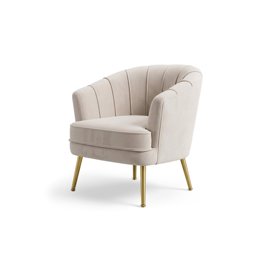 Beige velvet accent chair with channel back and gold metal legs, angled view (plain studio)
