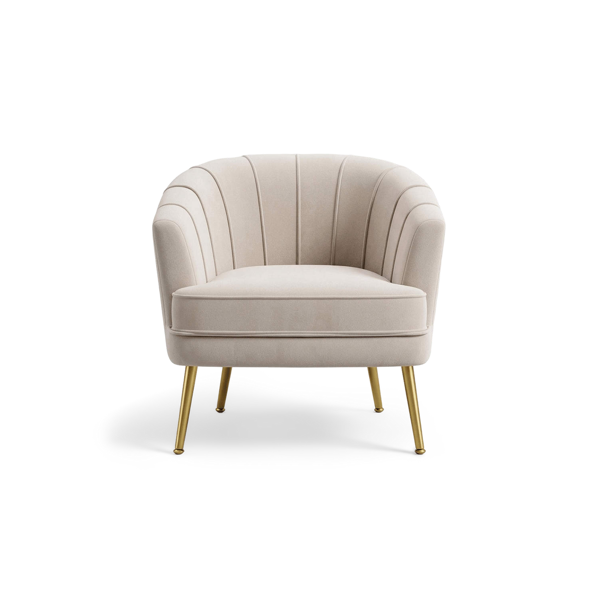 Beige velvet accent chair with channel back and gold metal legs, front view (plain studio)