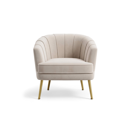 Beige velvet accent chair with channel back and gold metal legs, front view (plain studio)