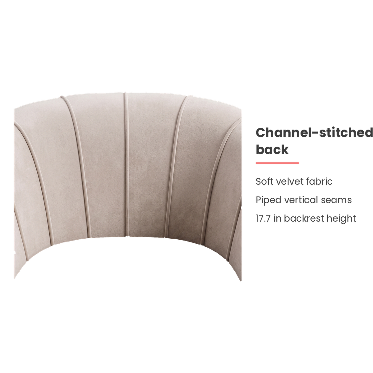 Channel back feature of the beige velvet accent chair (feature callout)