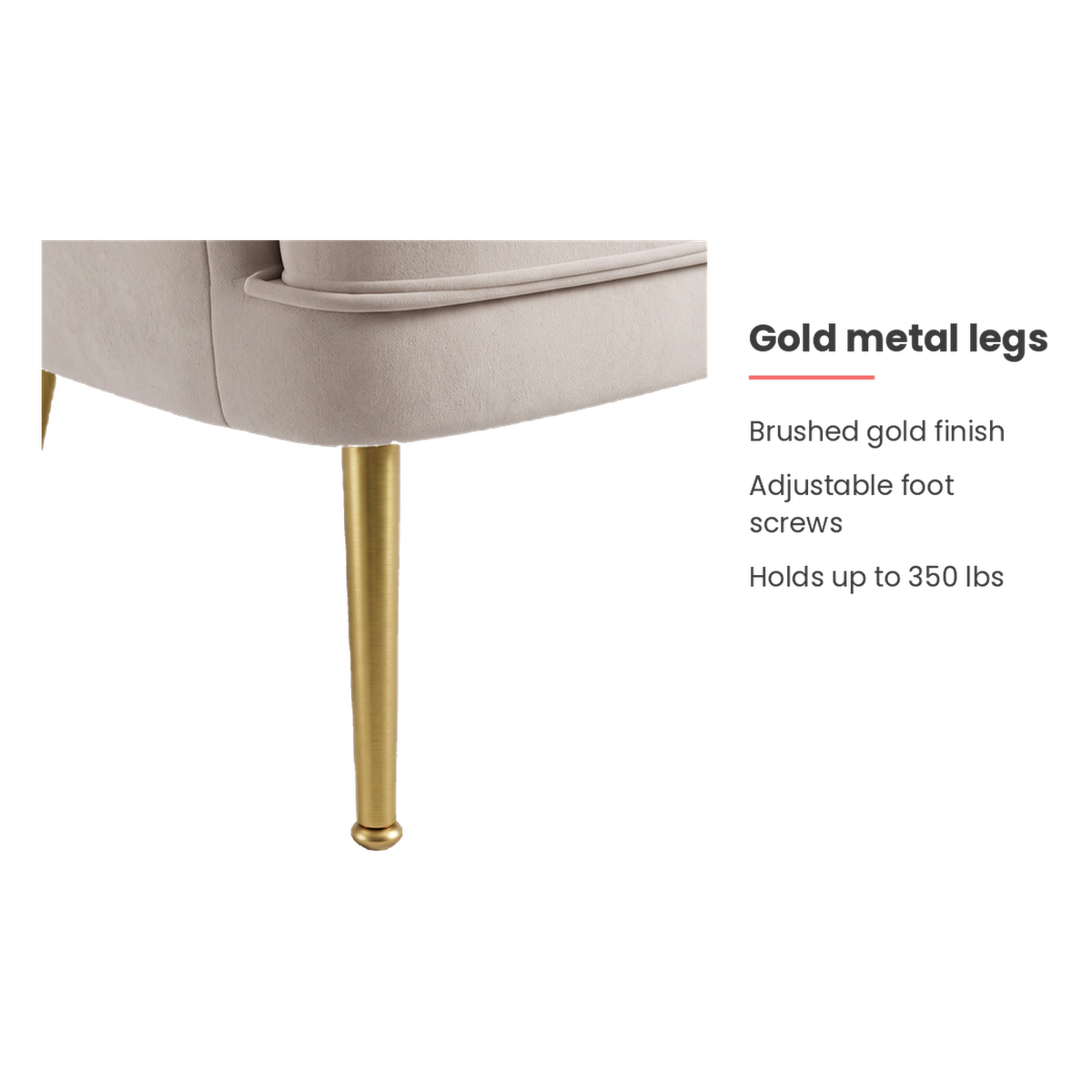 Gold metal legs feature of the beige velvet accent chair (feature callout)