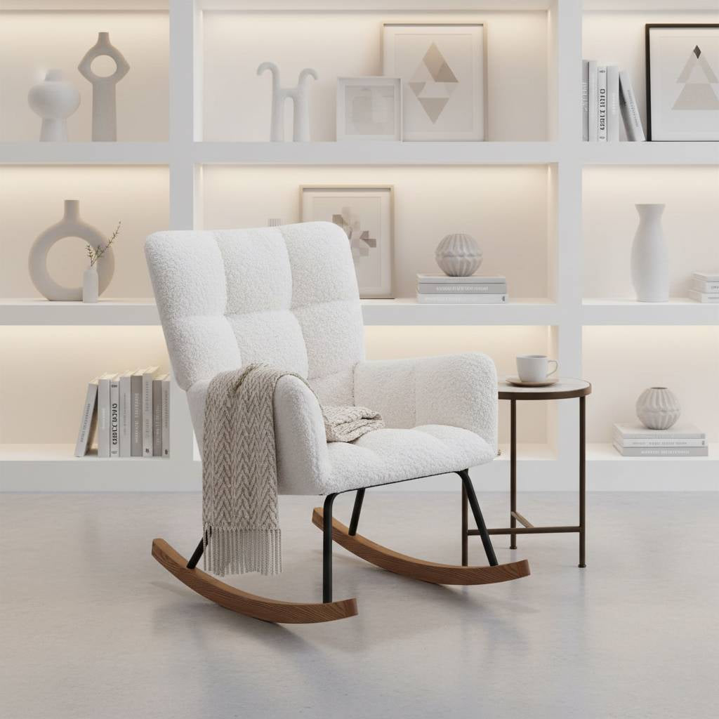 Biophilic interior design featuring a white textured rocking chair nestled among potted monstera and fiddle leaf figs.