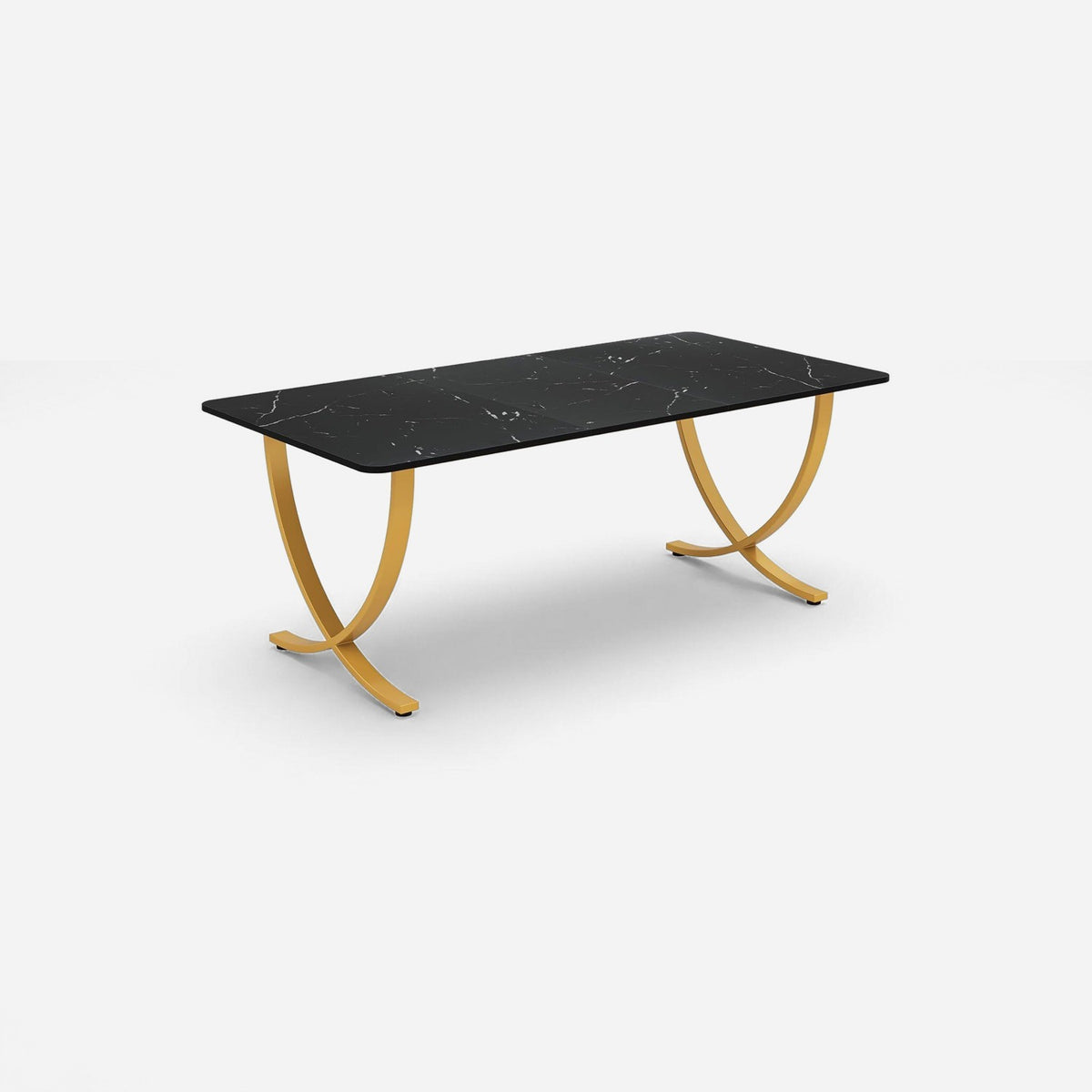 Black and gold desk with a faux-marble top on crossed gold steel arc legs