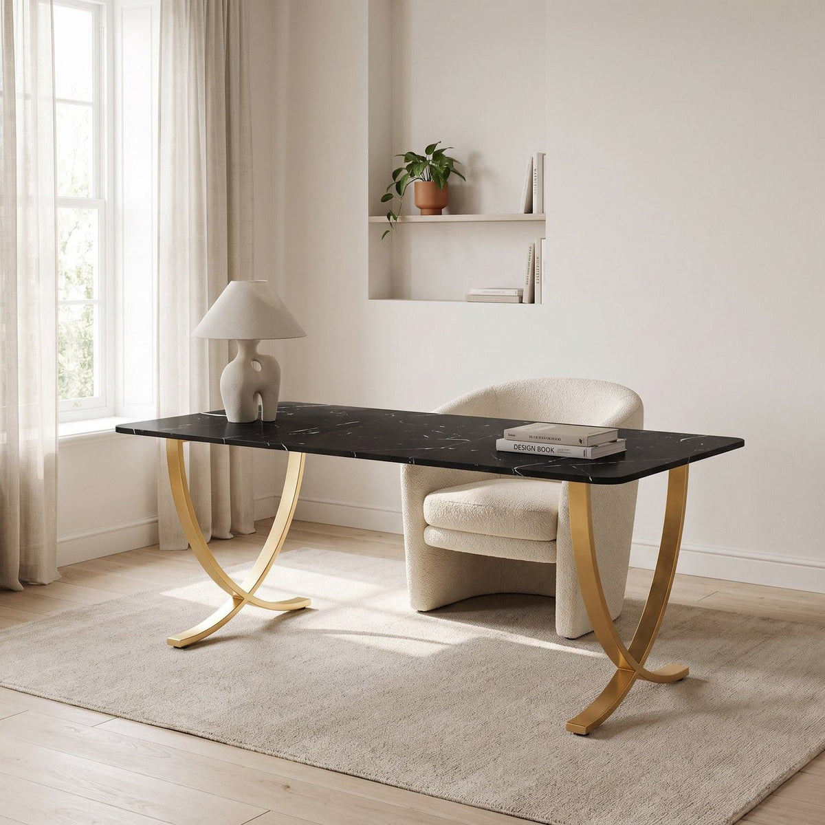 Black and gold executive desk in a bright home study with a chair pulled in