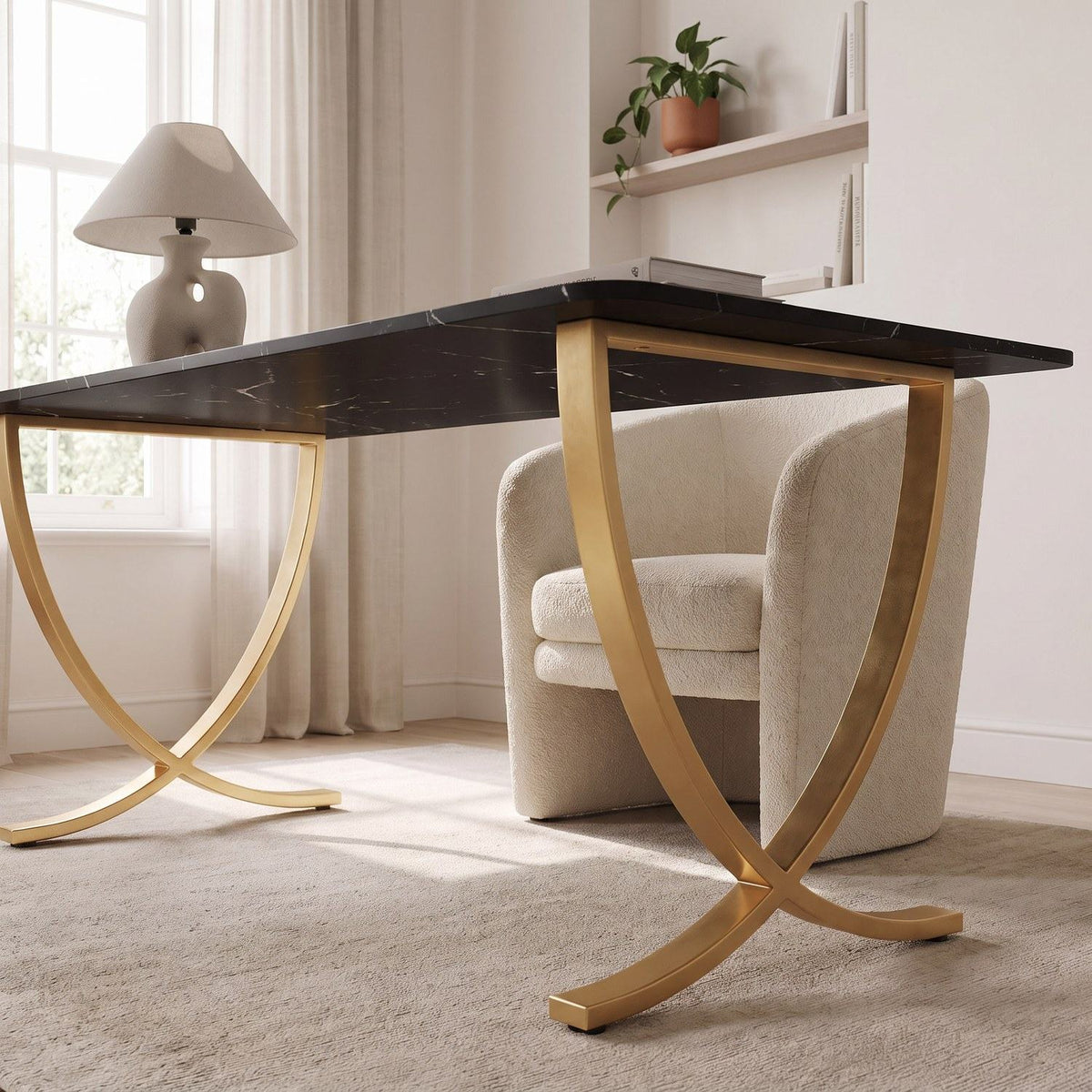 Low close view of the black and gold desk from the right side of the same study