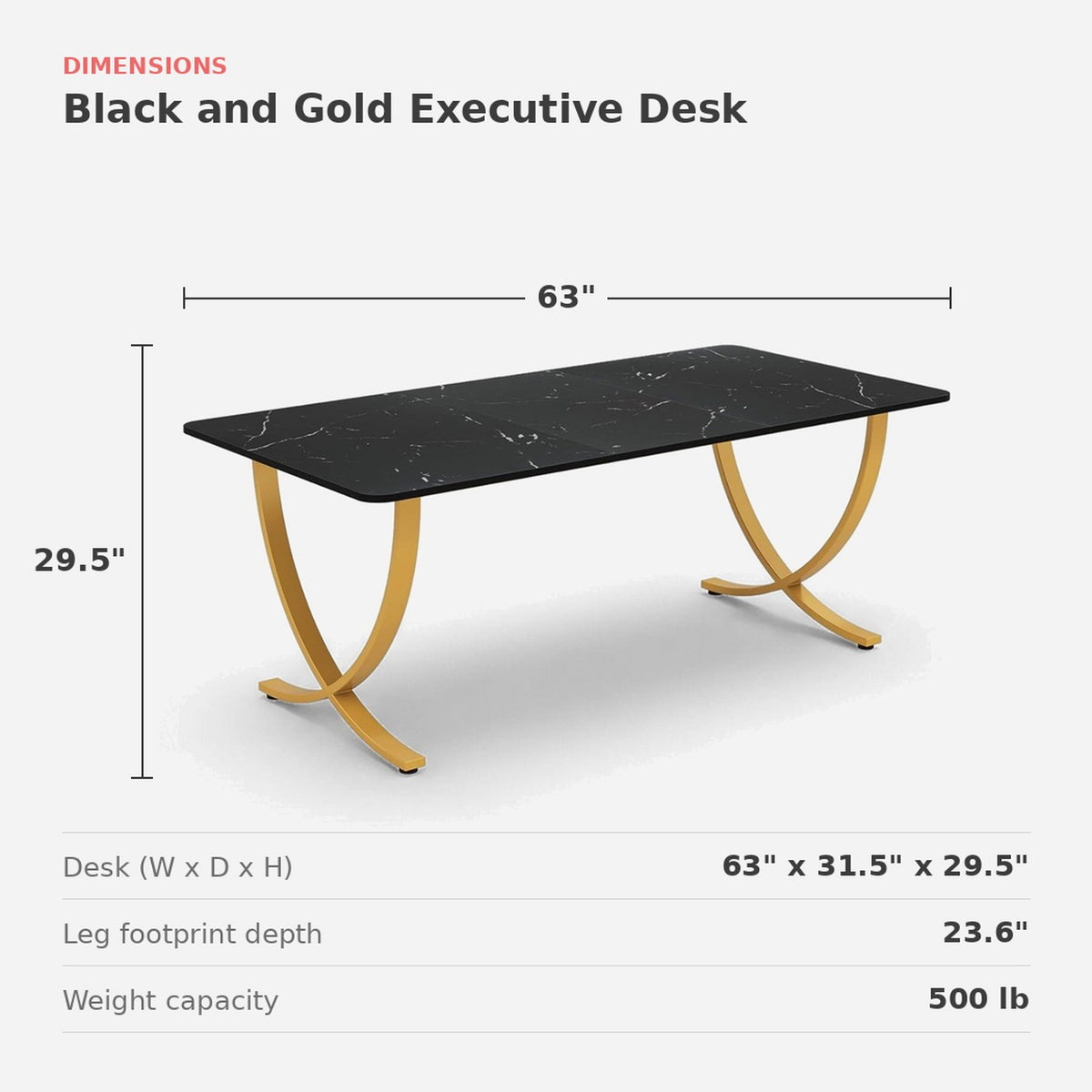 Dimensions of the black and gold desk: 63 in. wide, 31.5 in. deep, 29.5 in. high (dimensions)