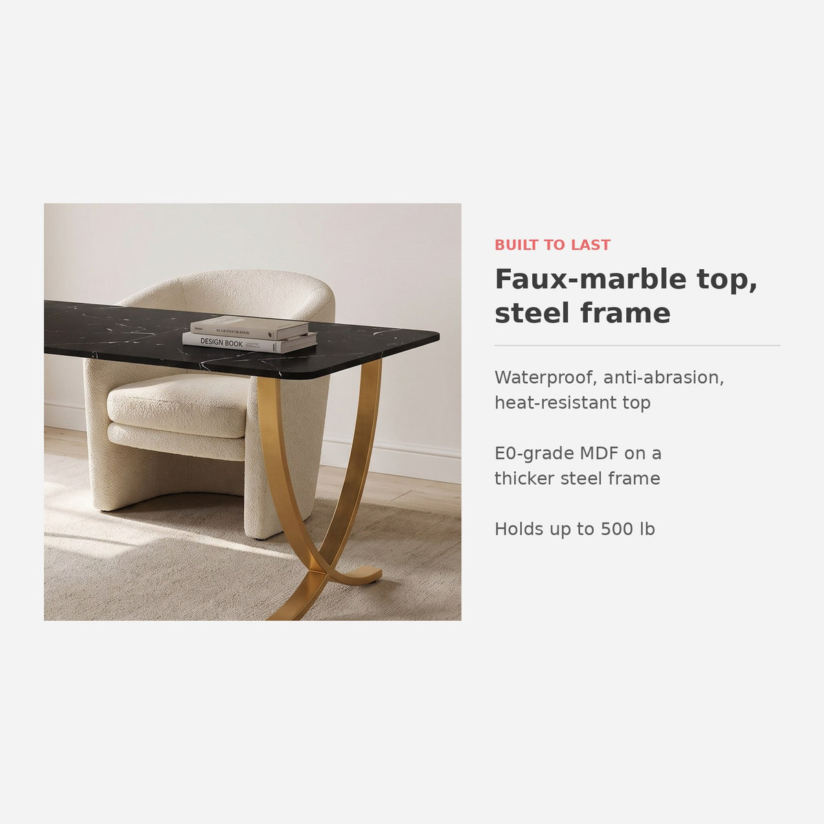 Faux-marble top and gold steel frame details of the black and gold desk (feature callout)