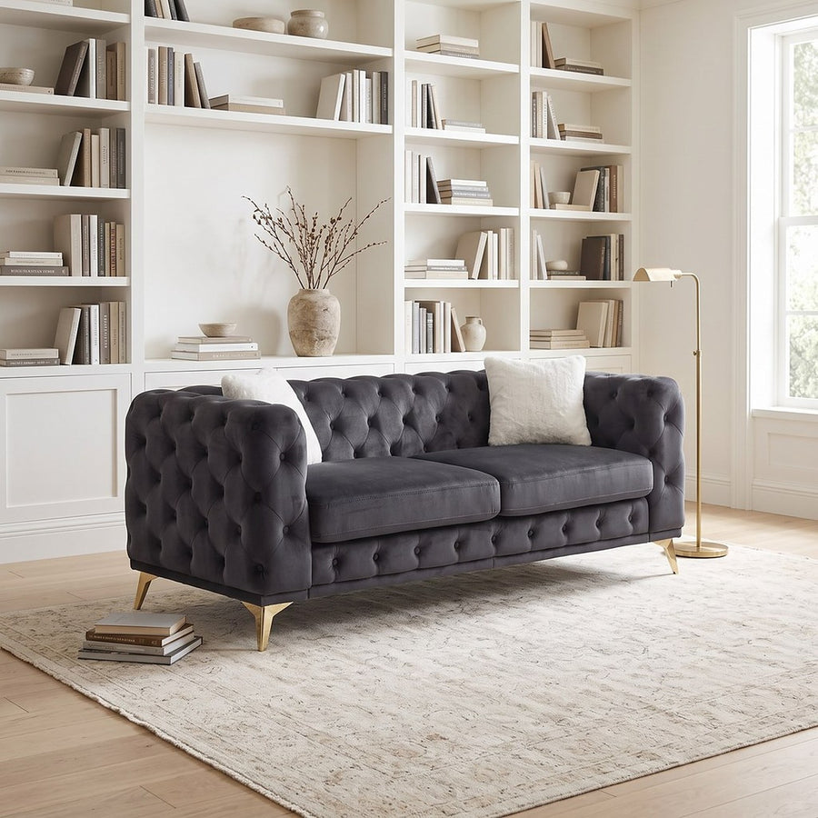 Black Chesterfield Sofa 82.5" in Button-Tufted Velvet