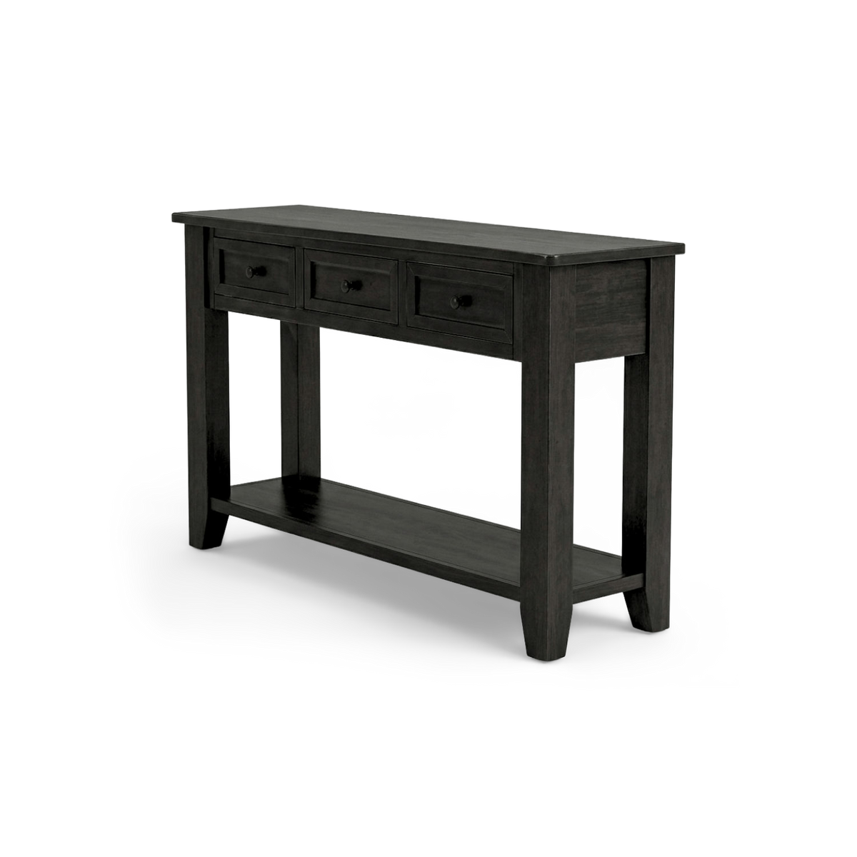 black console table with drawers and shelf