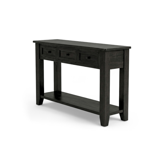 black console table with drawers and shelf