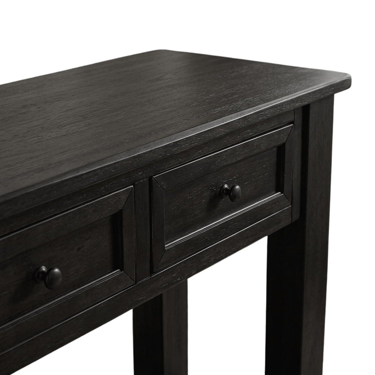 Close-up of the eased top edge and grain above two of the three drawers (close-up detail)