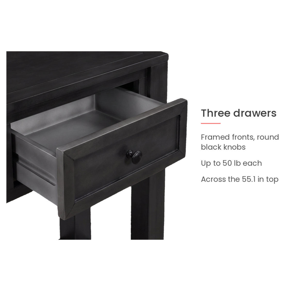 Spec card on the three drawers, each holding up to 50 lb (feature callout)