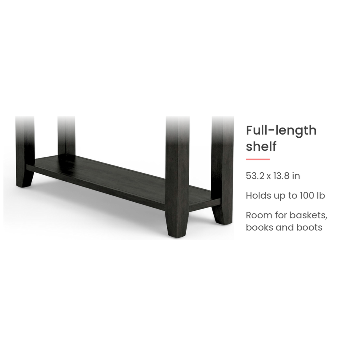 Spec card on the full-length lower shelf, 53.2 by 13.8 in., holding 100 lb (feature callout)