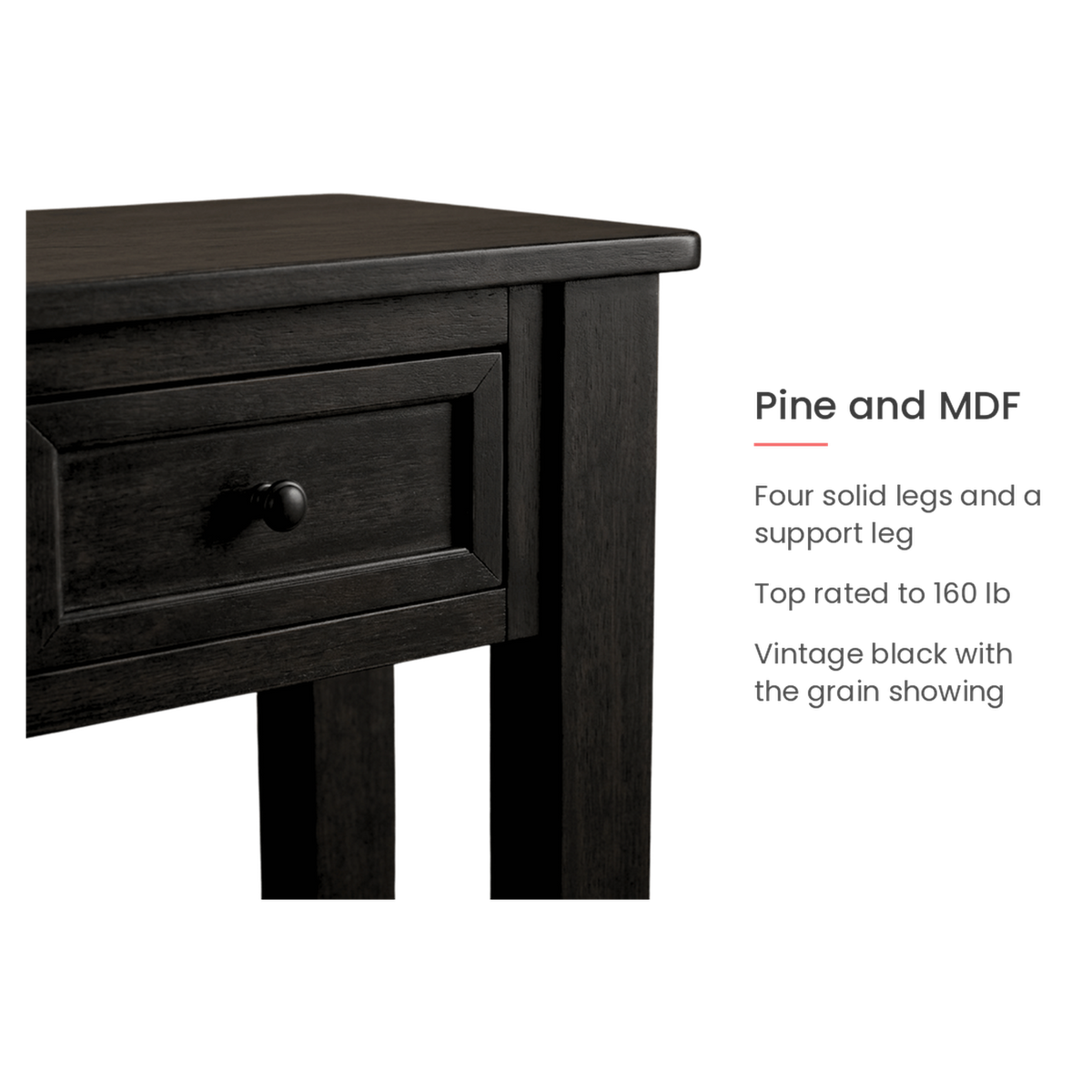 Spec card on the pine and MDF build, four solid legs and a 160 lb top (feature callout)