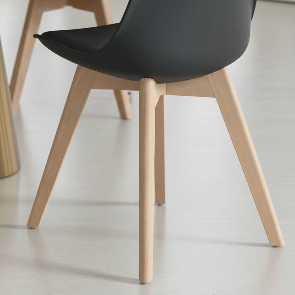 Black polymer shell dining chair with natural wood legs, four-piece set.