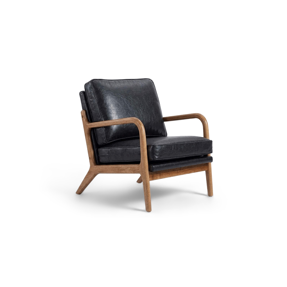 Black faux leather wood frame accent chair, three-quarter view (plain studio)