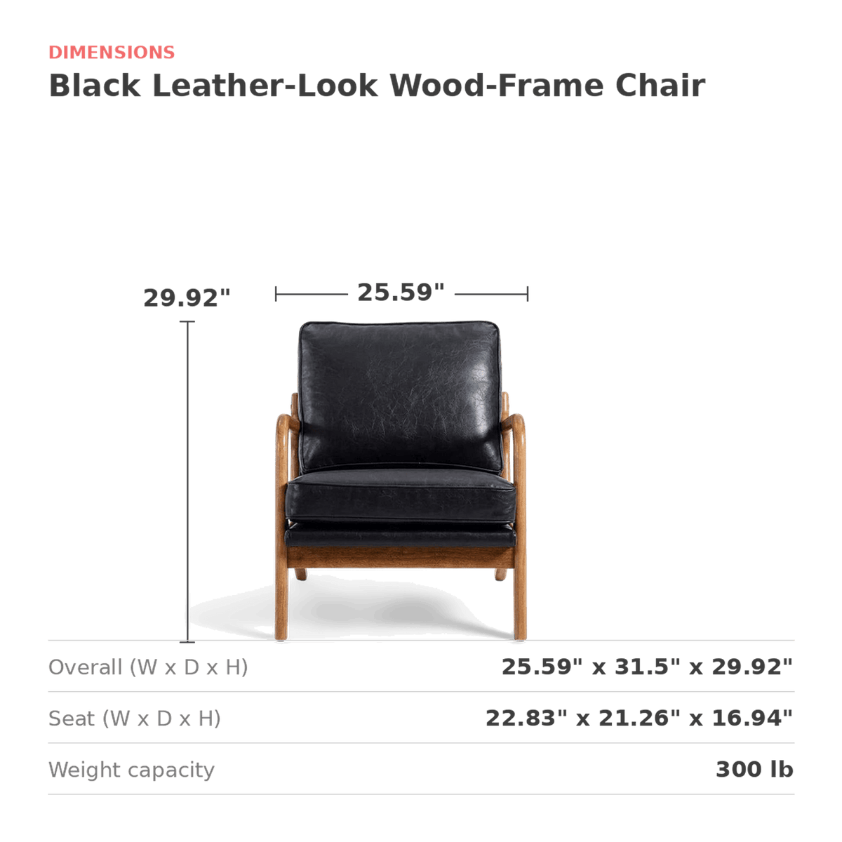 Black faux leather wood frame accent chair dimensions 25.59 by 31.5 by 29.92 inches (dimensions)