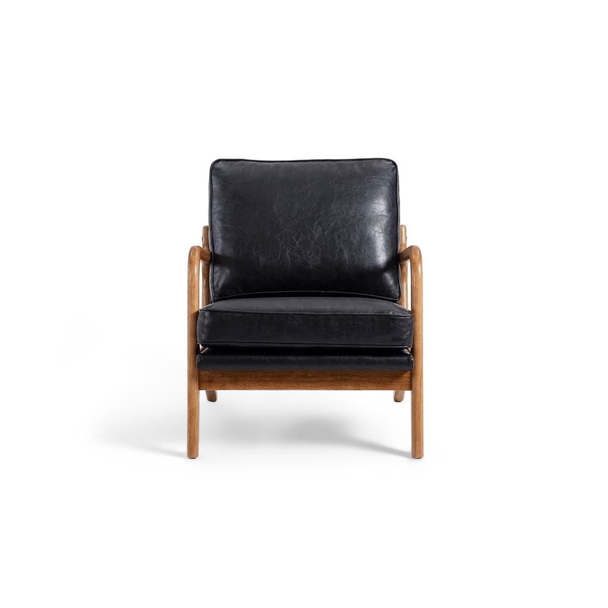 Black faux leather wood frame accent chair, front view (plain studio)