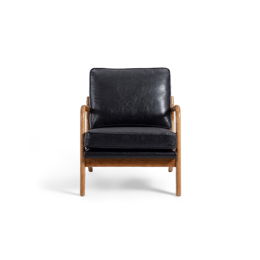 Black faux leather wood frame accent chair, front view (plain studio)