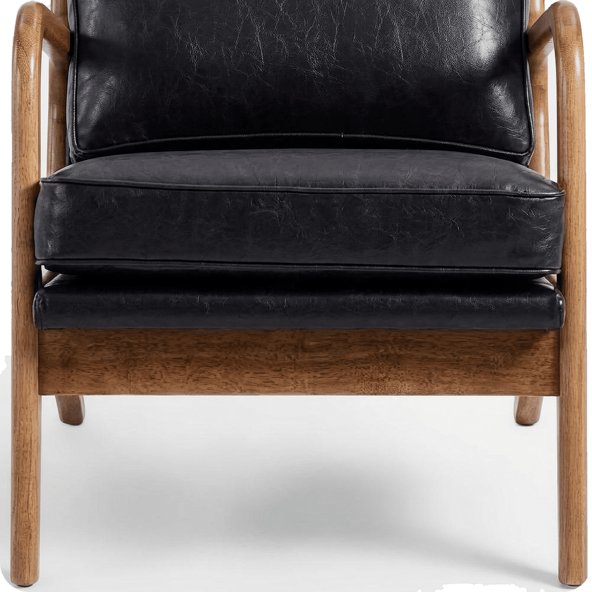 Thick black faux leather seat cushion on the wood frame chair (close-up detail)
