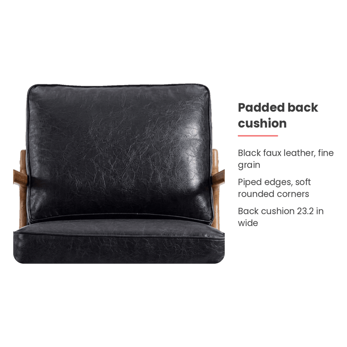 Back cushion specification card for the black leather chair (feature callout)