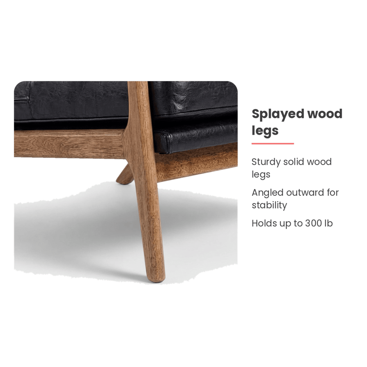 Wood leg specification card for the black leather chair (feature callout)