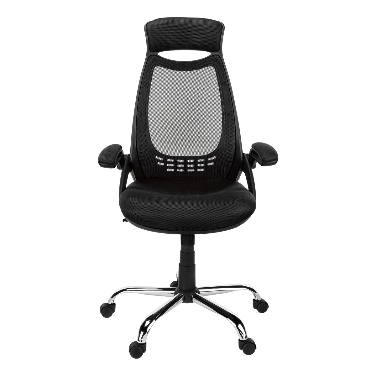 Premium black foam office chair with durable metal frame, mesh back, adjustable height, chrome five‑star base (plain studio)