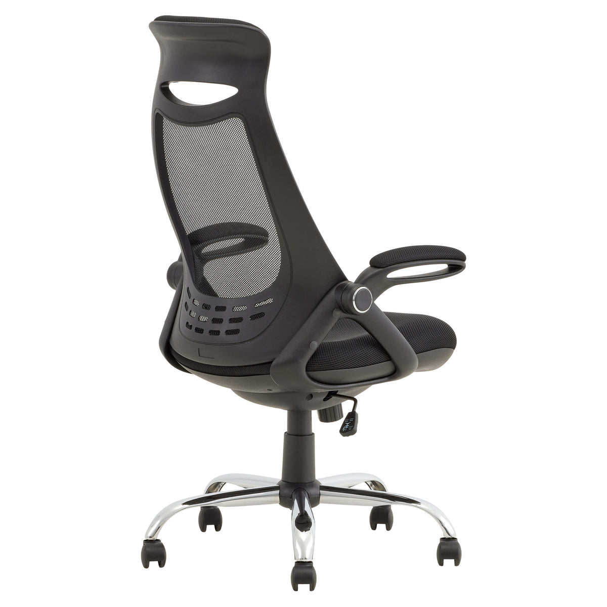 Premium black foam office chair with mesh back, adjustable height, durable frame, and chrome base (plain studio)