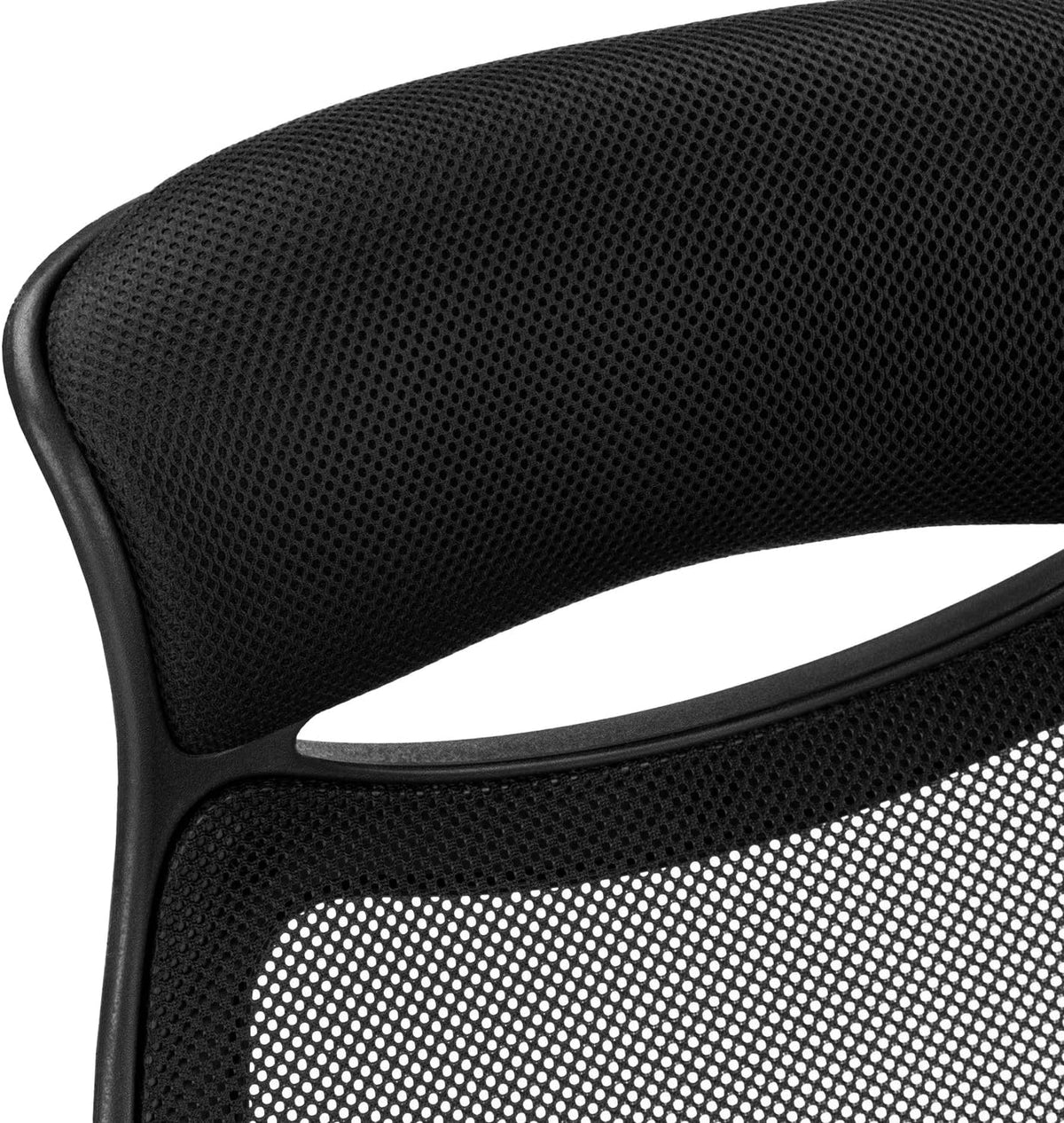 Close-up of a black mesh office chair back with curved armrest and a metal-inspired frame.