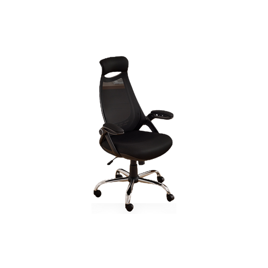 Black mesh-back task chair on a #f3f3f3 studio background