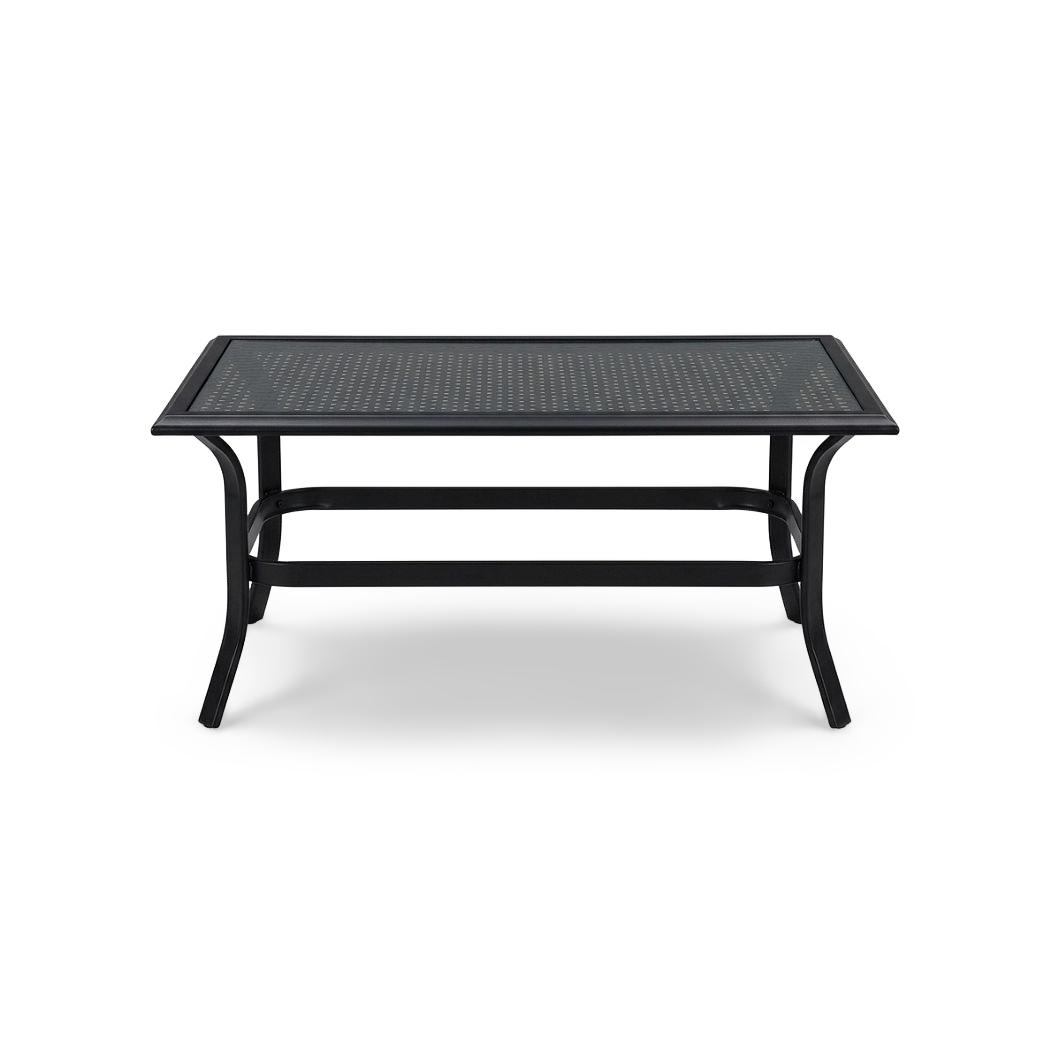 Black metal outdoor coffee table with tempered glass top, front view