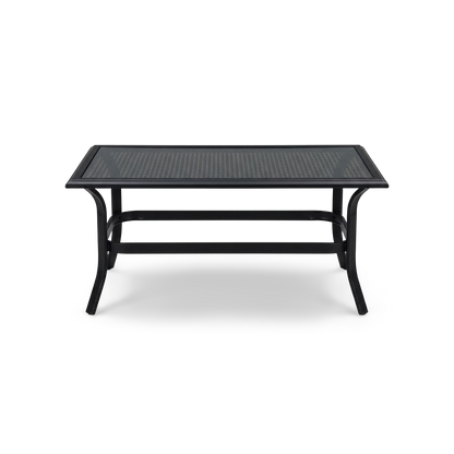 Black metal outdoor coffee table with tempered glass top, front view
