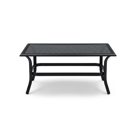 Black metal outdoor coffee table with tempered glass top, front view
