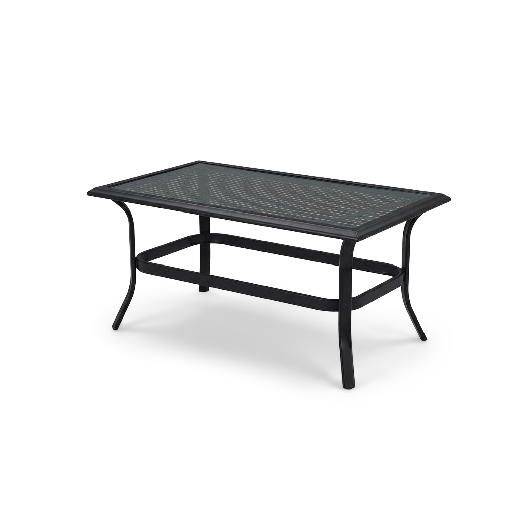 Black metal outdoor coffee table with tempered glass top, rotated view