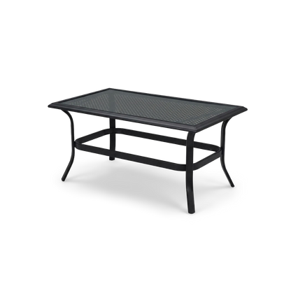 Black metal outdoor coffee table with tempered glass top, rotated view