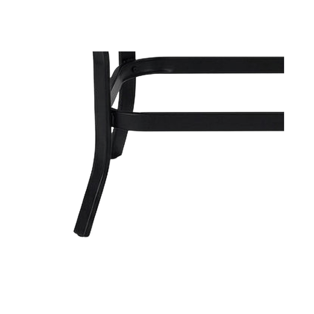 Close-up of the black metal outdoor coffee table's leg and stretcher joint